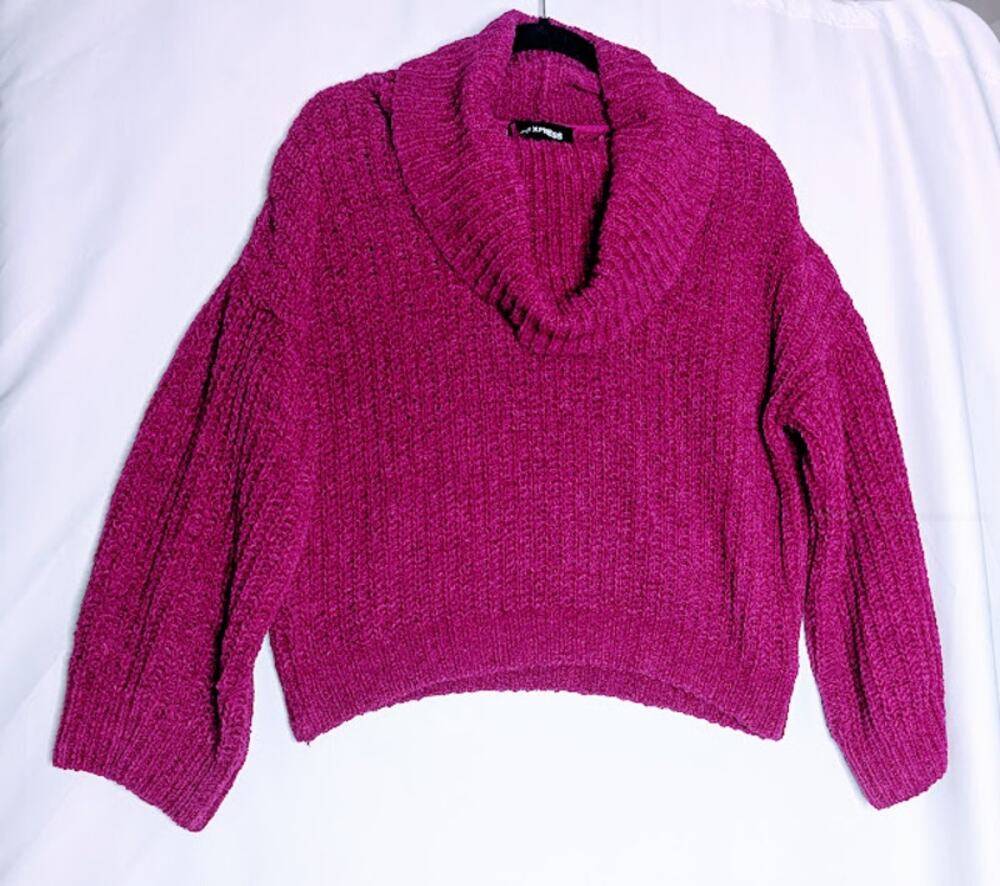 EXPRESS Fuschia Chenille cowlneck sweater small Cozycore Everyday Basic NWOT